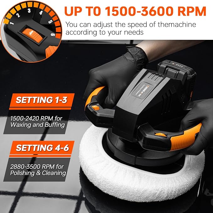 THINKWORK Buffer Polisher, 20V Cordless Buffer Polisher, 10 Inch Portable Polishing Machine Kit for Car, 2Pcs 2Ah Rechargeable Battery, 6 Variable Speed 1500-3600RPM,Double handle,Ideal for Car Waxing