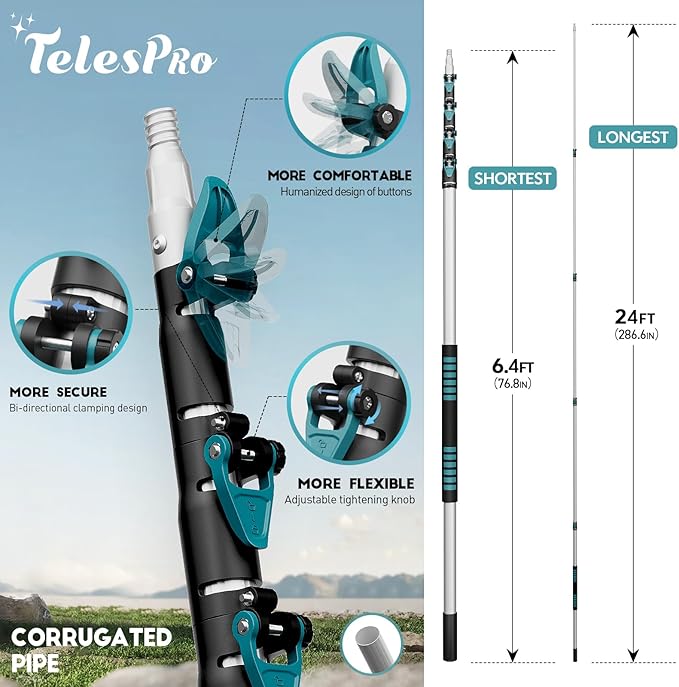 30 Feet High Reach Cobweb Duster with 6-24Ft Extension Pole, Webster Cobweb Duster with 5-Stage Telescopic Aluminum Pole, Spider Web Brush for Outdoor & Indoor Cleaning - Soft Bristles.