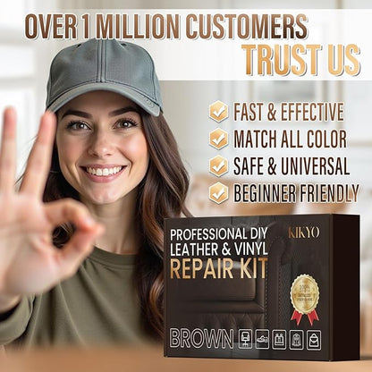 KIKYO Brown Leather Repair Kit, Faux Leather Chair & Couch Repair Kit for Furniture, Sofa, Purse, Belt, Super Easy Match Colors and Fix Scratches, Tears, Fade, Holes on PU, Genuine & Pleather
