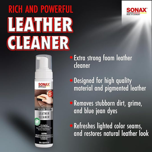 SONAX Premium Class Leather Cleaner | Powerful Foaming Formula for Deep Cleaning Smooth & Perforated Leather | Removes Stubborn Dirt, Stains & Blue Jean Transfer | Safe & Non-Drying | 281141 | 250ml