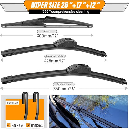 AUTOBOO 26"+17" Windshield Wipers Blades Replacement for INFINITI QX60 2014-2021 with 12 Inch Rear Wiper Blade -Original Factory Quality (Pack of 3)