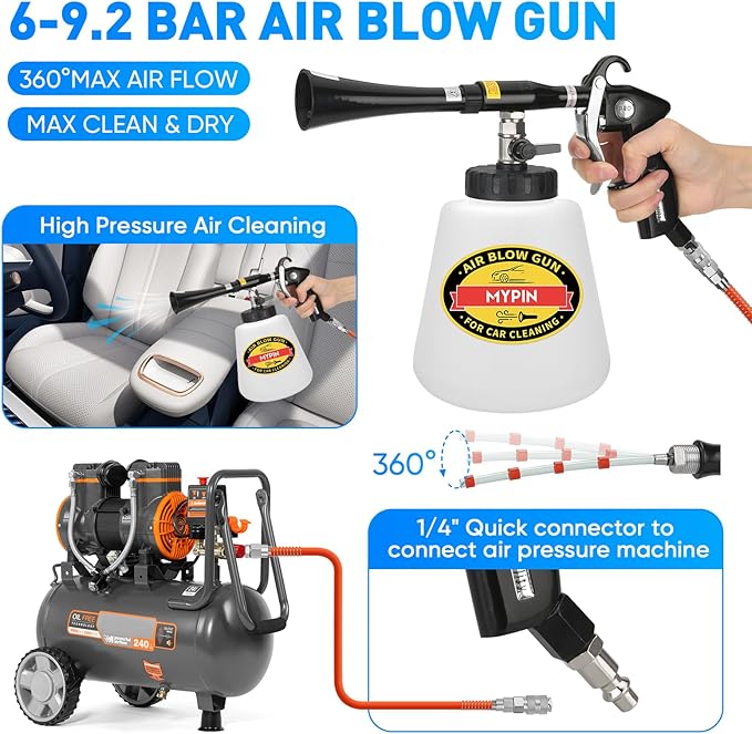 MYPIN Car Cleaning Gun Kit, 6-9.2Bar, High Pressure Air Blow Gun with 2 Set Nozzle, Interior Car Cleaning for Vehicle Upholstery Carpet Seat