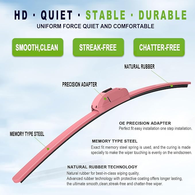 OEM QUALITY 26" + 19" PARRATI Premium All-Season Pink Windshield Wiper Blades (Set of 2)