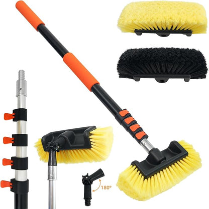 12FT/144inch Car Wash Brush with Long Handle Telescopic Pole Angle Adapter Car Cleaning Tool with 2 Pcs 12" Soft Bristle and Hard Bristle for Car Truck RV House Floor Window Glass Roof Pool