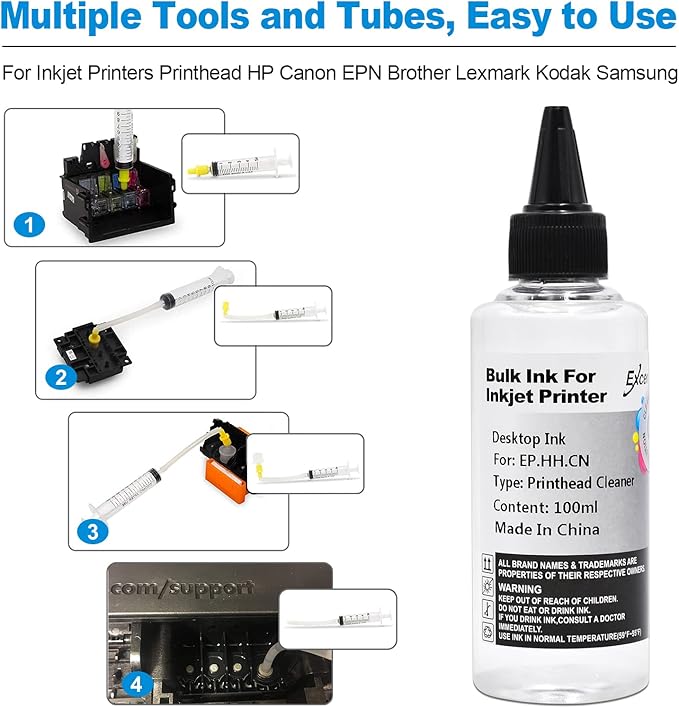 Printhead Cleaning Kit Compatible for Brother Epson HP Canon Nozzle Inkjet EcoTank Officejet Deskjet Pixma Printers-Liquid Printers Head Cleaning Suit Solution 100ml, 5ml Premium Syringe 1PK