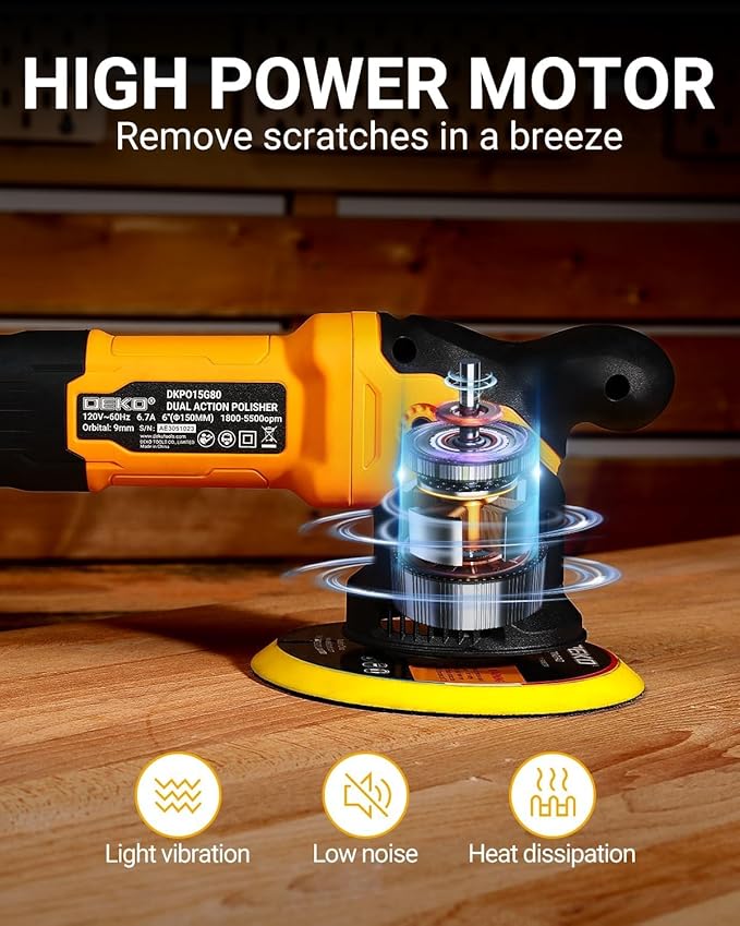 DEKOPRO Car Buffer Polisher, 6 Inch Dual Action Orbital Buffer Polisher, 6 Variable Speed 1800-5500OPM Random Polisher Kit with 4 Buffing Pads for Car Detailing Polishing Waxing, DKPO15G80-US