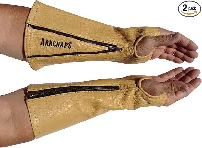 Arm Chaps Leather Protective Sleeves Arm Guard - Prevent Cuts, Scratches & Bruises - Genuine Cowhide - Ideal for Gardening & Construction - Left & Right Form-Fitting. Tan (1 Pair/Small).