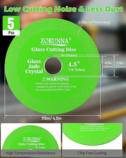 ZORUNNA Glass Cutting Disc for 4-1/2" Angle Grinder, 5 Pack Glass Ceramic Diamond Cutting Blade Disc 7/8" (Model 115/125) for Grinding Jade, Crystal, Wine Bottles, Tile.