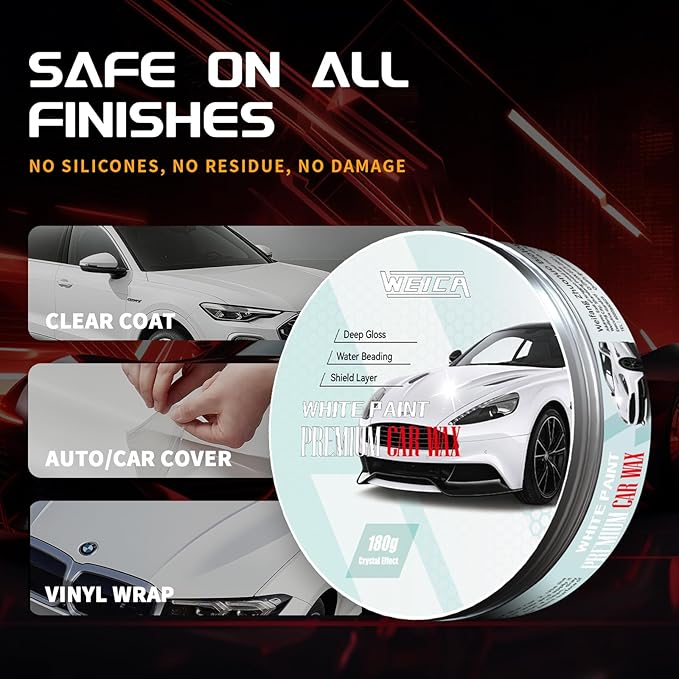 Car Wax for Light & Metallic Cars | White, Silver, Pearl | Anti-Yellowing Carnauba | 90° Water Beading & UV Shield