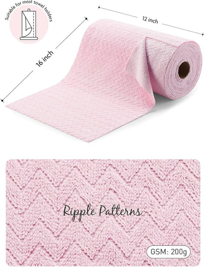 Fantasticlean Microfiber Cleaning Cloth Roll, 16" x 12"- 50 Sheets, Reusable Tear Away Microfiber Towels, Ultra Absorbent Dish Rags for Car, Home or Office (Pink Ripple)