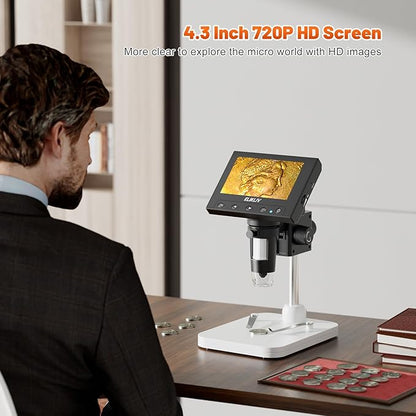 Elikliv Microscope, LCD Digital Coin Microscope 1000x, Coin Magnifier with 8 Adjustable LED Lights, PC View Compatible with Windows/MacBook, EDM4, 4.3-Inch