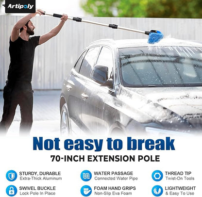 72" Car Wash Brush with Long Handle, Flow-Thru Soft Bristle Car Washing Brush with Extendable Handle and Hose Attachment and On/Off Switch for Car, RV, SUV, Truck, Boat, House Siding（Blue）