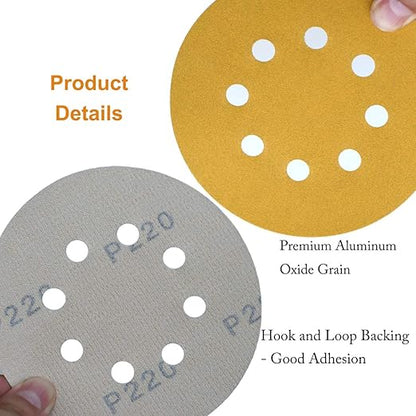Aiyard 5-Inch 8-Hole Hook and Loop Sanding Discs 220-Grit Random Orbit Sandpaper, 100-Pack
