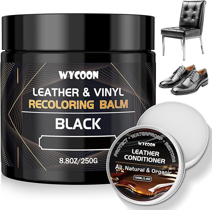 WYCOON Leather Recoloring Balm with 100ml Mink Oil Conditioner | Black Repair Kit, Dye & Color Restorer for Furniture, Sofa, Car Seats, Bags | Restore Faded & Scratched Surfaces