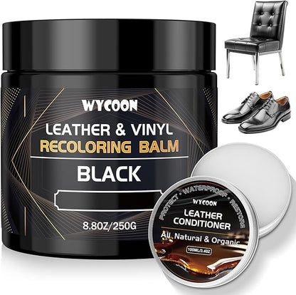 WYCOON Leather Recoloring Balm with 100ml Mink Oil Conditioner | Black Repair Kit, Dye & Color Restorer for Furniture, Sofa, Car Seats, Bags | Restore Faded & Scratched Surfaces