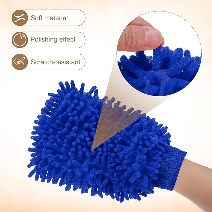 HARFINGTON Chenille Microfiber Car Wash Mitts 9.8" x 7.9" Scratch Free Wash Gloves Absorbent Double Sided Plush Cleaning Drying Mitts for Car Washing Home Blue