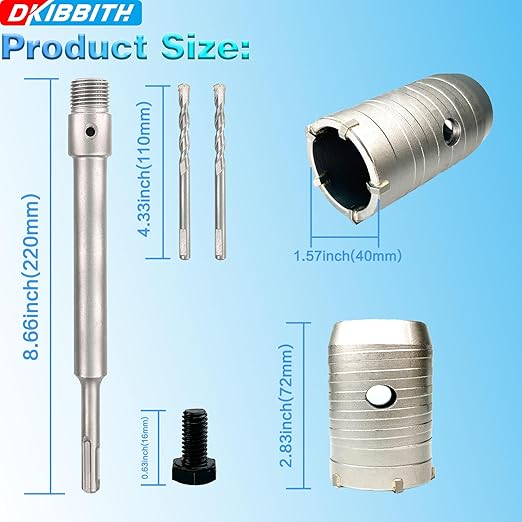 1-5/8" Concrete Hole Saw, 40mm Tungsten Steel Core Bit for Cinder Block, Brick, Rock, Plank Walls for Pipes or mini Split Lines, with SDS Plus Shank and 2 Center Positioning Drill Bits.