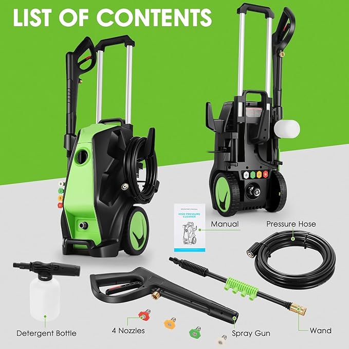 Electric Pressure Washer, 5000 PSI 4.0 GPM Heavy Duty Power Washer with Foam Cannon, 4 Nozzle Tips,33FT Hose and Soap Bottle for Home/Cars/Driveways/Patios/Decks/Fences,Dark Green