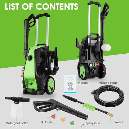 Electric Pressure Washer, 5000 PSI 4.0 GPM Heavy Duty Power Washer with Foam Cannon, 4 Nozzle Tips,33FT Hose and Soap Bottle for Home/Cars/Driveways/Patios/Decks/Fences,Dark Green