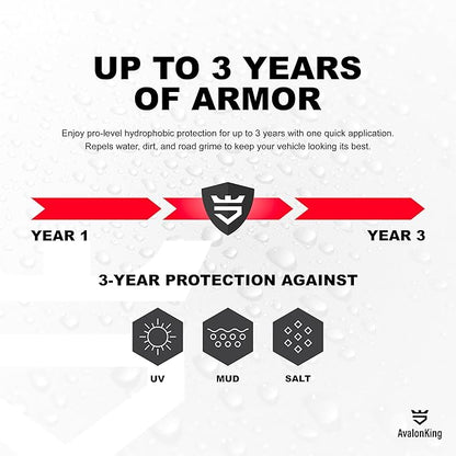 AvalonKing Armor Shield IX MAX Nano Ceramic Coating Kit with Rapid Curing Formula, 1 fl oz (30ml) – 3-Year 9H Paint Protection, Extreme Hydrophobic Gloss, Fast 4-Hour Cure DIY Car Detailing Kit