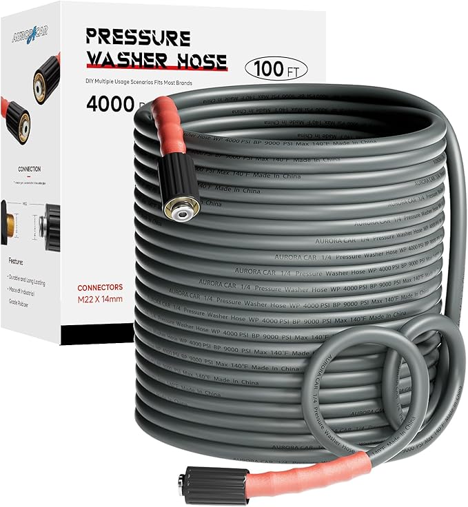 Pressure Washer Hose 100FT 1/4", Kink Resistant Power Washer Hose Compatible with M22 Fittings, Replacement For Most Brand Pressure Washers, 4000 PSI, Grey