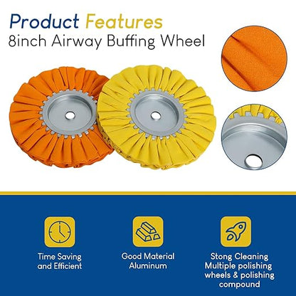 Ketofa 8'' Airway Buffing Wheel Kit, 9 Pcs Aluminum Wheel Polishing Kit in Diameter 5/8 inch Arbor Hole, Polishing Compound, Safety Flange, Metal Polishing Wheel for Angle Grinder Mirror Finish