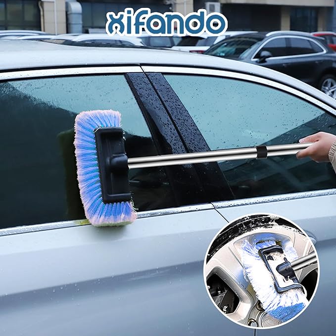 Car Wash Brush with Long Handle – Five-Sided Soft Bristle Brush for Car, Truck, SUV, RV, Boat & House Siding Cleaning(Blue)