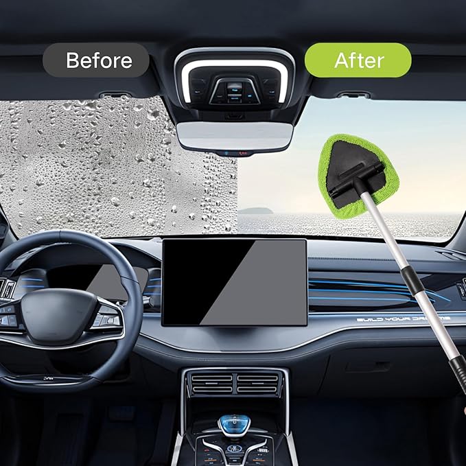 Qydipclin 10pcs Windshield Cleaning Tool Inside Car Window Cleaner Wash Kit with 4 Reusable Microfiber Pads 1 Spray Bottle and Extendable Handle Interior Auto Glass Wiper Kit, Green