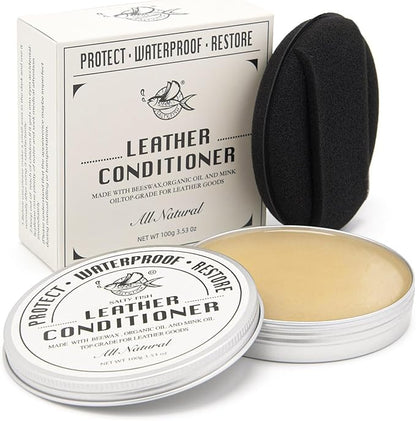 SALTY FISH All-Natural Leather Conditioner and Cleaner,Made with Mink Oil Beeswax,Protect Soften Waterproof Leather Furniture,Car Seats,Shoes,Boots,Bags (3.53 Oz with Sponge)