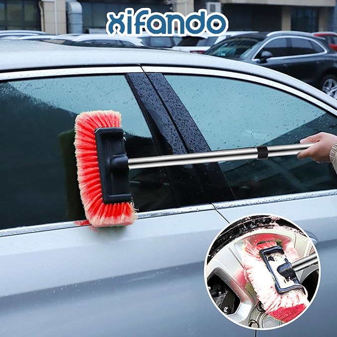 Car Wash Brush with Long Handle – Five-Sided Soft Bristle Brush for Car, Truck, SUV, RV, Boat & House Siding Cleaning(Red)