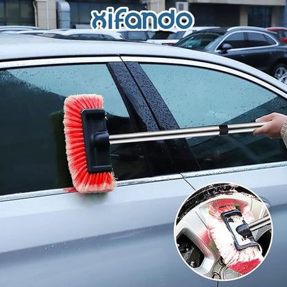 Car Wash Brush with Long Handle – Five-Sided Soft Bristle Brush for Car, Truck, SUV, RV, Boat & House Siding Cleaning(Red)