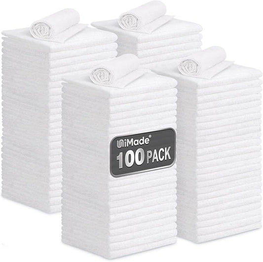 Shop Towels, 100 Pack Commercial Grade Work Rags Microfiber Towels for Cars Cleaning Rags Bulk Detailing Cloth for Automotive Bar Mechanic Restaurant Garage Housekeeping, 11.5"x 11.5", White