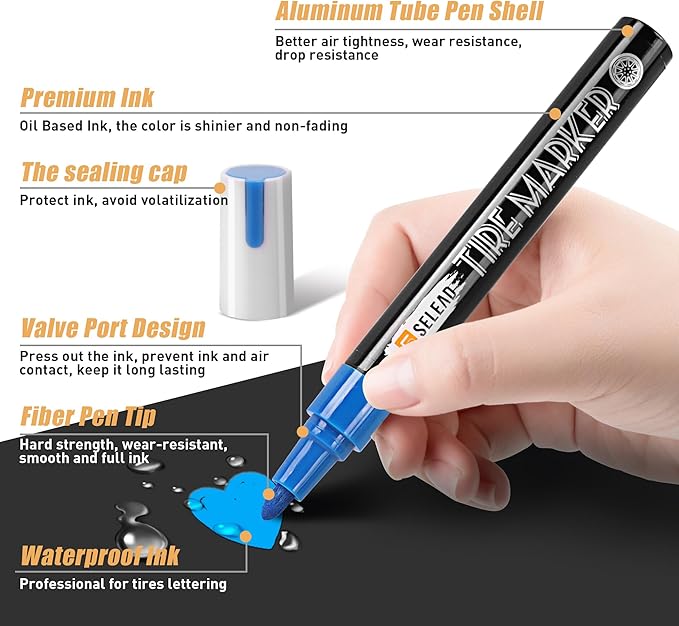 SELEAD Tire Marker White Red Yellow Blue - 8 Pack Paint Pens for Car Tires Lettering, Premium Professional Oil Based Waterproof Colored Permanent Markers