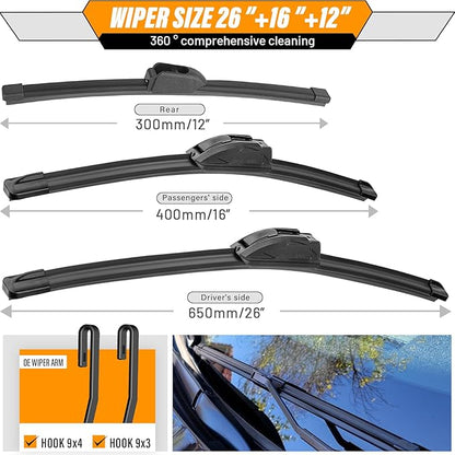 AUTOBOO 26"+16" Windshield Wipers with 12 Inch Rear Wiper Blade Replacement for Kia Niro 2017 2018 2019 2020 2021 2022 -Original Factory Quality (Pack of 3)