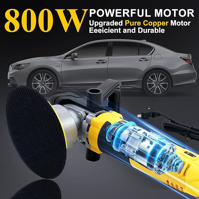 6-Inch 800W Car Polisher, 6 Variable Speed 8mm Dual Action(DA) Random Orbit Car Buffer Polisher Sander with Handle, Car Detailing Waxer Kit, 4600RPM, for Car Polishing&Waxing
