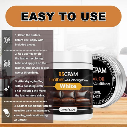 BSCPAM 12oz Leather Recoloring Balm & 3.4oz Mink Oil Leather Conditioner kit,White Leather Color Repair Kits for Couches, Leather Couch Paint Scratch Repair for Furniture Car Sofa Shoes Leather Dye