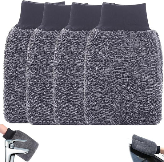 Shiny Glove Cleaning Glove, Shiny Shower Cleaning Gloves, Premium Microfiber, Elastic Cuff, Reusable Washable, Ultra-Soft, for Car Wash Cloth, Glass, Bathroom Chrome Fittings (4)