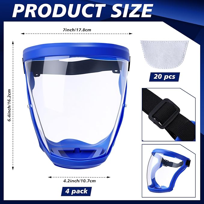 Relaxweex 4 Pack Super Protective Face Shields with Filter Pad for Grinding and Cutting Plastic Full Face Masks Bulk for Woodworking (Blue)