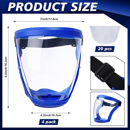Relaxweex 4 Pack Super Protective Face Shields with Filter Pad for Grinding and Cutting Plastic Full Face Masks Bulk for Woodworking (Blue)