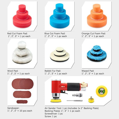 ZHONG AN 1'' 2'' 3'' Mini Orbital Sander da sander Air Dual Action Sander High Speed Pneumatic Mini Sanders Includes 18Pcs 1/2/3in Polishing Sponge & Wool Pads, 30Pcs Sandpapers (RED)