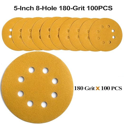 Aiyard 5-Inch 8-Hole Hook and Loop Sanding Discs 180-Grit Random Orbit Sandpaper, 100-Pack