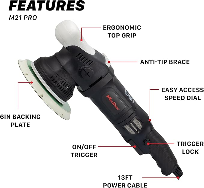 Maxshine M21 Pro Dual Action Polisher | 21mm Throw, 6” Backing Plate, 1000W Motor | Variable Speed, Ergonomic Grip, Low Vibration | Auto, Boat & Marine Detailing Buffer for Paint Correction