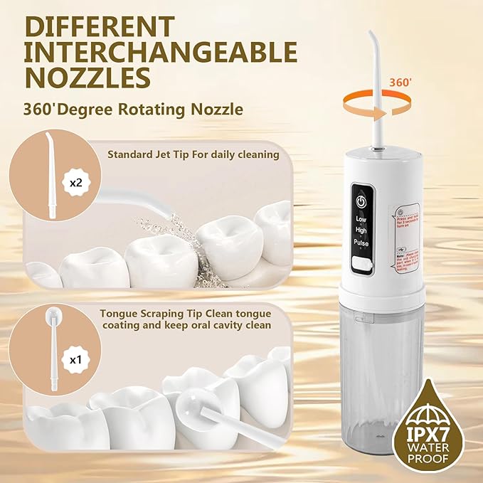 Rechargeable Cordless Water Flosser - 220ML Tank Portable Water Pick with IPX7 Waterproof & USB Rechargeable,3 Pressure Modes, 4 Nozzles for Travel 2-3H Fast Charge & 20-30 Days Long Battery Life