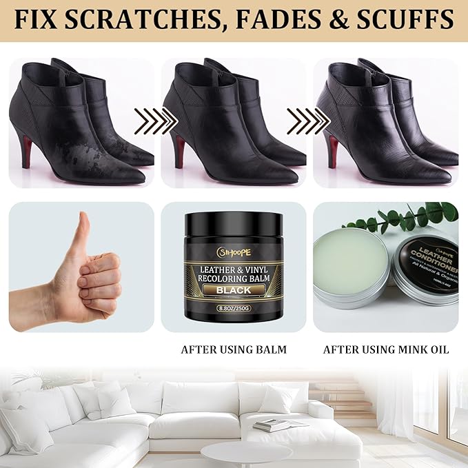 8.8oz Leather Recoloring Balm with 100ml Mink Oil,Black Leather Repair Kit for Furniture,Leather Repair Cream,Leather Scratch Repair for Car Interior,Leather Conditioner for Couch