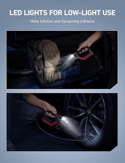 AstroAI 4-in-1 Car Vacuum Cleaner and Tire Inflator Portable with Accessories Air Compressor Digital Dual Values Display, 150 PSI Car Tires Air Pump with LED Light, 12V DC, 16.4FT Cord for Auto