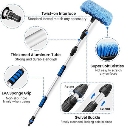 5-12 Foot (20ft Reach) Car Wash Brush with 12-Inch Soft Bristle, On/Off Switch Telescopic Car Truck Boat Washing Brush with Hose Attachment for Cleaning RVs, House Siding, Floors and More!