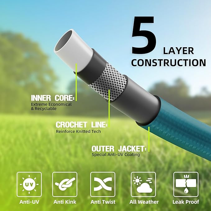 Worth Leader Garden Hose 3/4 in. x 50 ft. -No Kink, Flexible, Leakproof, Male/Female -Heavy Duty Durable 5 Layers PVC Rubber Lightweight Water Pipe for Gardening, Agriculture & Lawn Care -500PSI Burst