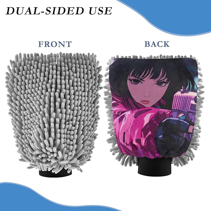 XYMZR Absorbent Microfiber Car Wash Mitt Woman Anime, Funny Cute Anime Scratch Free for Cars Cleaning, Home Cleaning Mitts, 2 Pack, 10.24” L x 7.09” W