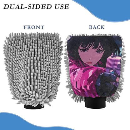 XYMZR Absorbent Microfiber Car Wash Mitt Woman Anime, Funny Cute Anime Scratch Free for Cars Cleaning, Home Cleaning Mitts, 2 Pack, 10.24” L x 7.09” W