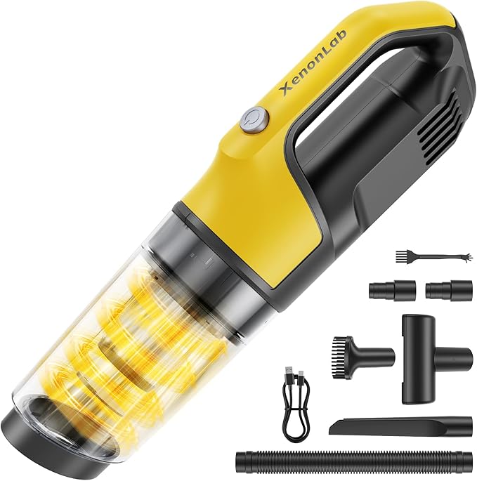 XenonLab Handheld Vacuum Cordless 1.1 Pounds Car Vac 10000PA Hand Held Vacuums 4-in-1 Hand Vac Cordless Rechargeable HEPA Filter Large Capacity Dust Cup for Car Office Home Pets Hair (Yellow)